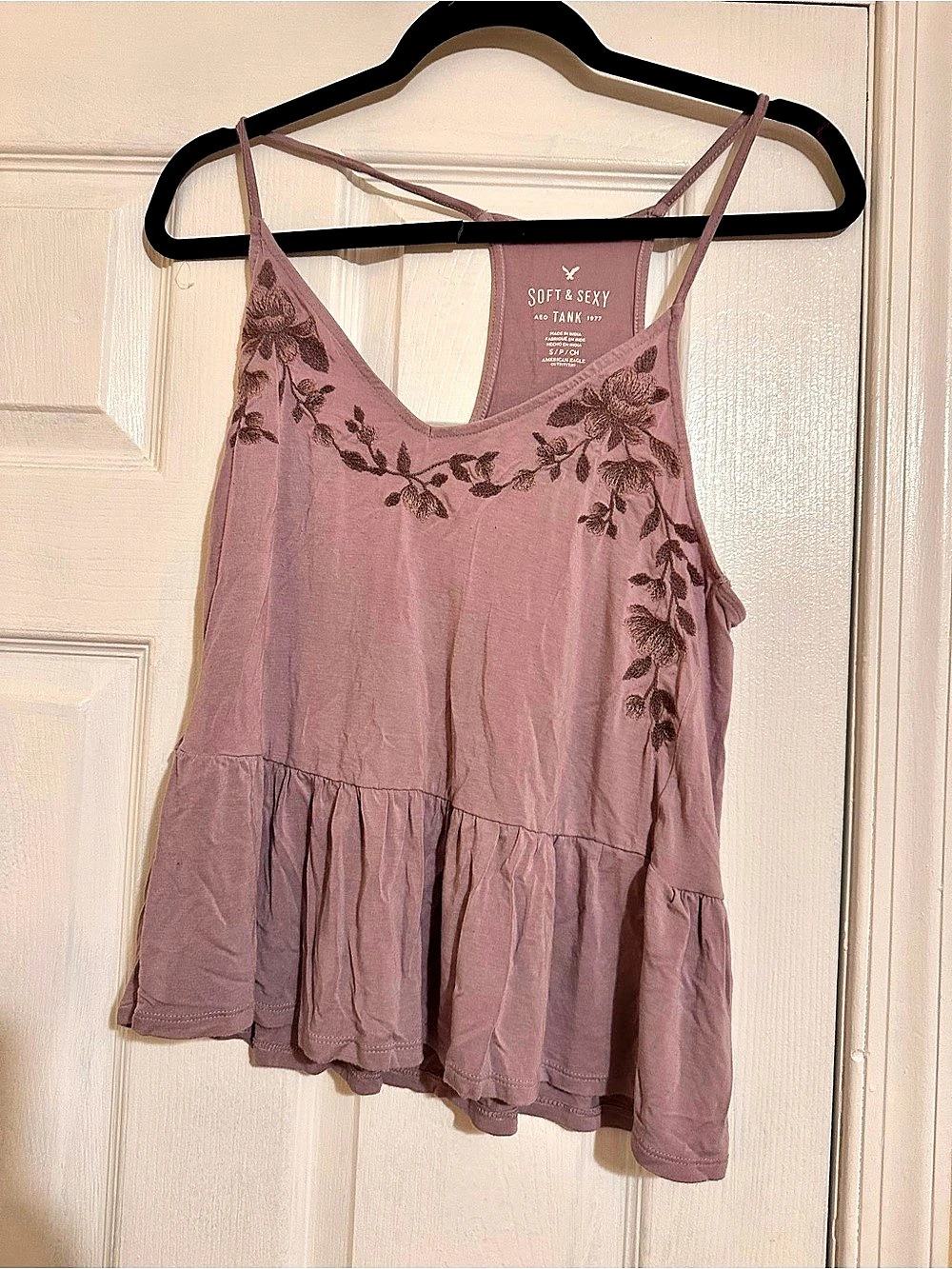American Eagle Soft & Sexy Mauve Floral Embroidered Babydoll Tank Boho